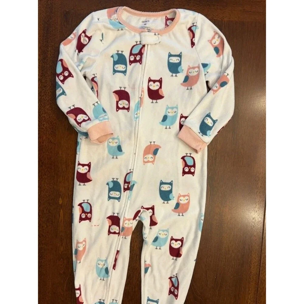 Fleece Zip Up Pajamas Toddler Girl Size 4T Footie Pajamas Owls